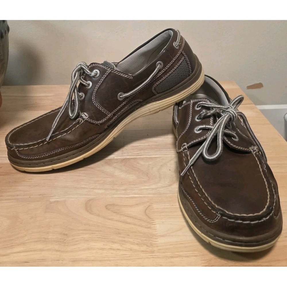 Chaps Men's Brown Leather 3-Lace Up Slip On Boat Loafer Shoes (9.5W)